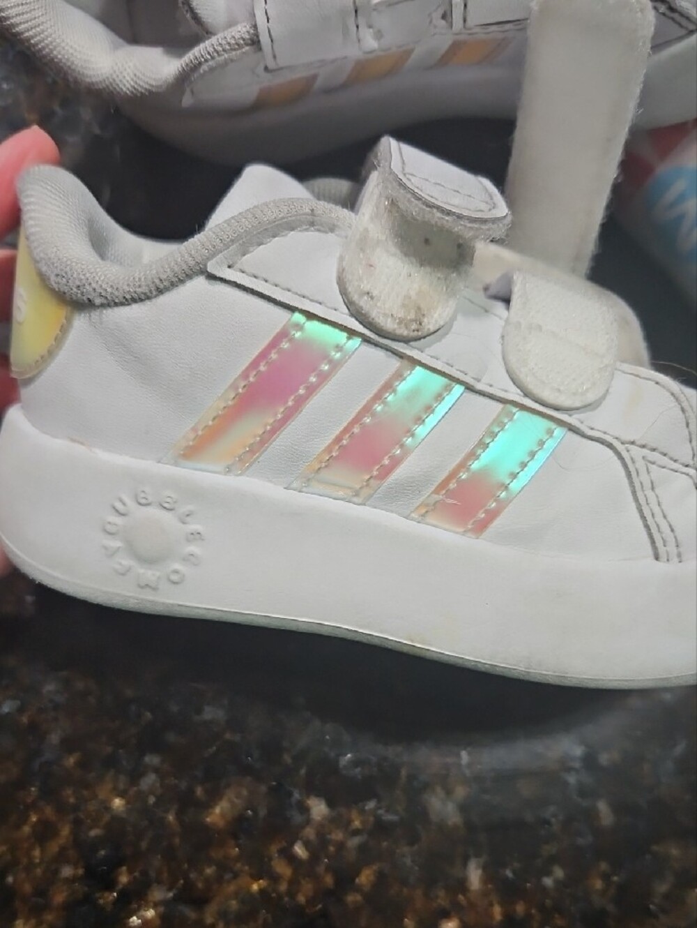 Adidas Bubble White Kids Velcro Sneakers with Iridescent Stripe 7K - Picture 2 of 14